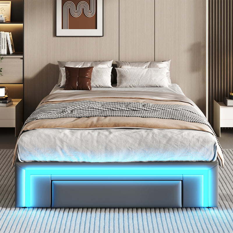 Cadre de lit simple gris en similicuir PU avec éclairage LED (90x200cm) et tiroirs VRULS