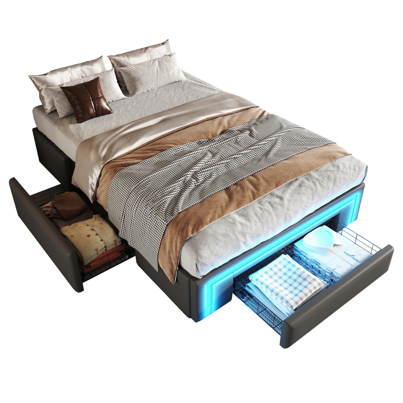 Cadre de lit simple gris en similicuir PU avec éclairage LED (90x200cm) et tiroirs VRULS