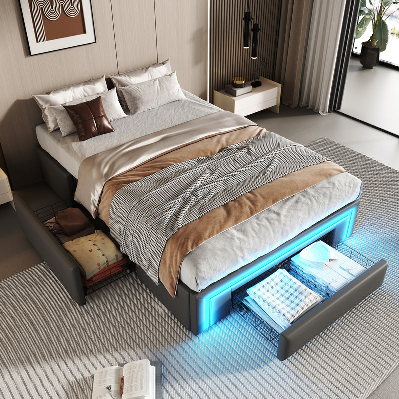 Cadre de lit simple gris en similicuir PU avec éclairage LED (90x200cm) et tiroirs VRULS