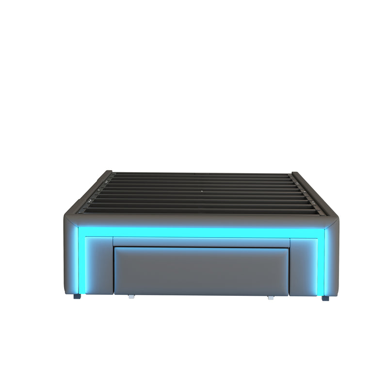 Cadre de lit simple gris en similicuir PU avec éclairage LED (90x200cm) et tiroirs VRULS