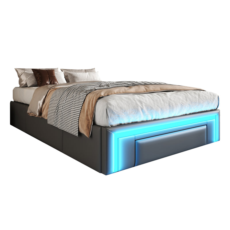 Cadre de lit simple gris en similicuir PU avec éclairage LED (90x200cm) et tiroirs VRULS