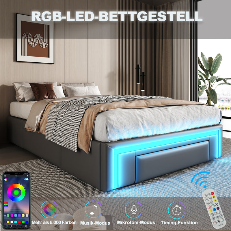 Cadre de lit simple gris en similicuir PU avec éclairage LED (90x200cm) et tiroirs VRULS