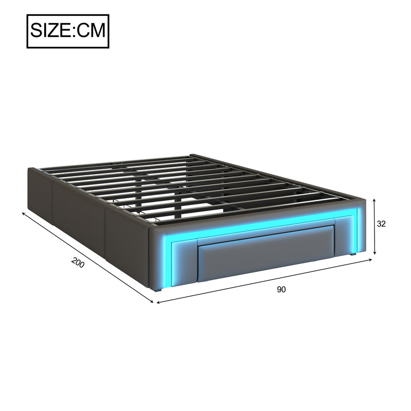 Cadre de lit simple gris en similicuir PU avec éclairage LED (90x200cm) et tiroirs VRULS