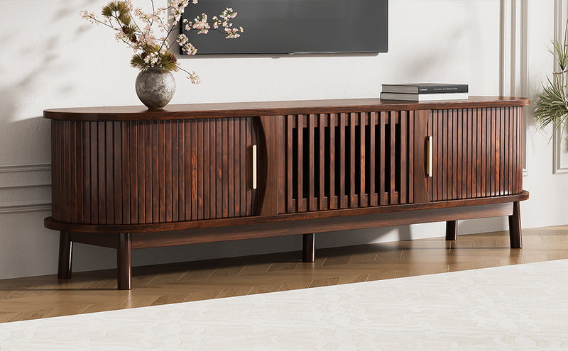 Meuble TV effet bois marron rétro vintage avec portes coulissantes et battantes CEDARWING