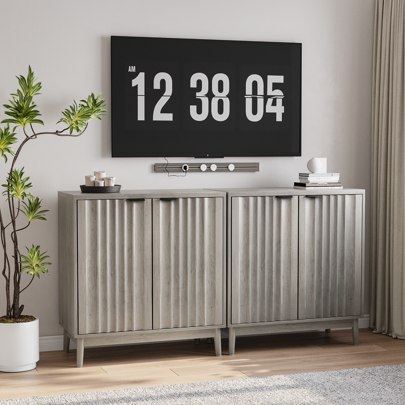 Buffet effet bois gris bords rainurés 2 portes 80*39*85cm VUHLOS