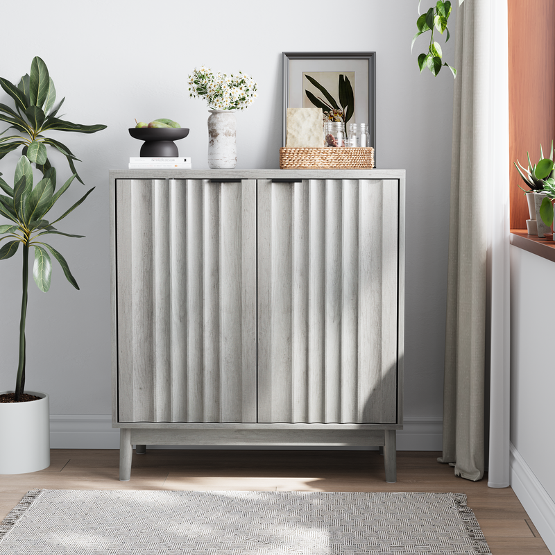 Buffet effet bois gris bords rainurés 2 portes 80*39*85cm VUHLOS