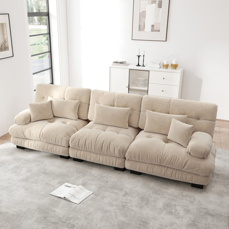 Canapé rembourré modulable 3 places en tissu chenille creme assise profonde SLIME