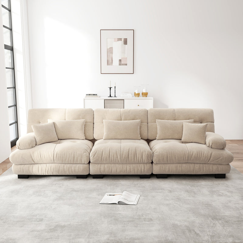 Canapé rembourré modulable 3 places en tissu chenille creme assise profonde SLIME