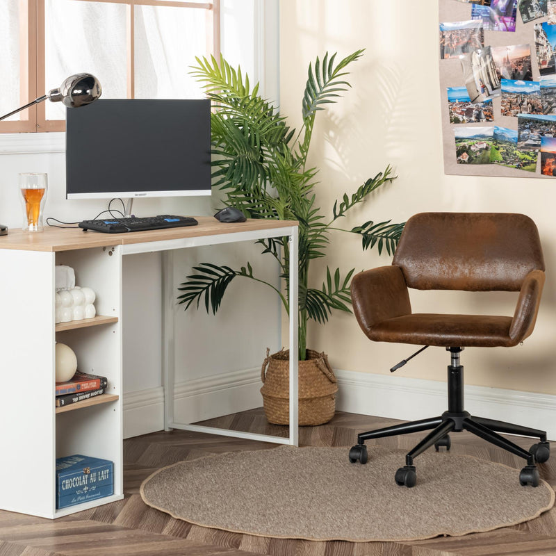 Ensemble de bureau ergonomique avec bureau effet bois clair et chaise de bureau pivotante et relevable marron à roulettes WEEKS+ROSS SUEDE BROWN