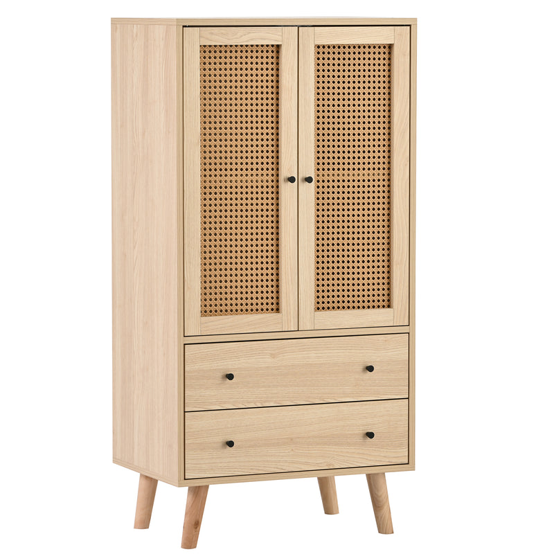 Buffet effet bois portes et 2 tiroirs en rotin, pieds en bois massif FENMUCK