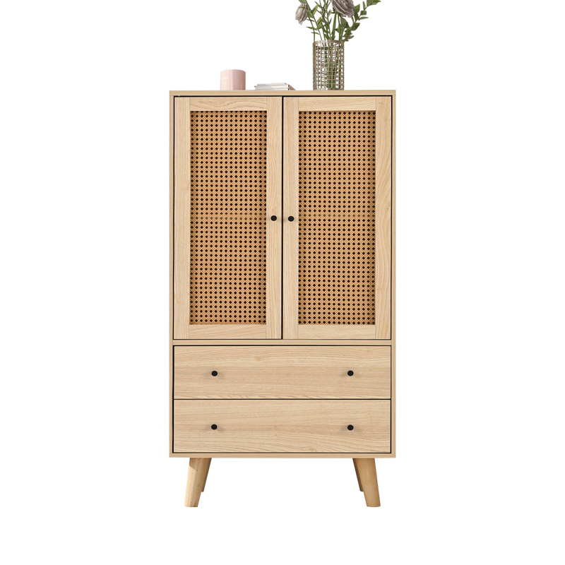 Buffet effet bois portes et 2 tiroirs en rotin, pieds en bois massif FENMUCK