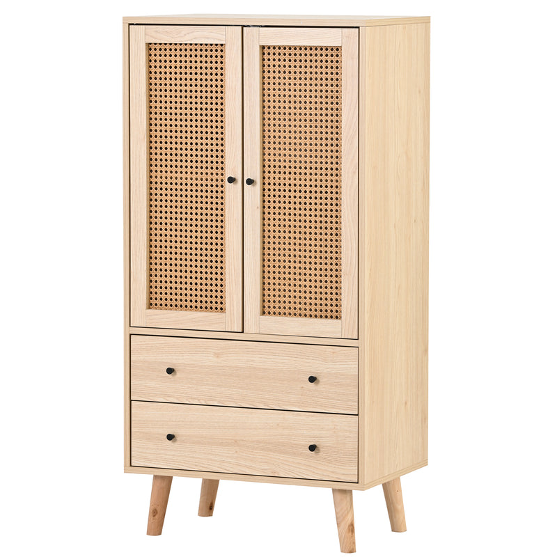 Buffet effet bois portes et 2 tiroirs en rotin, pieds en bois massif FENMUCK