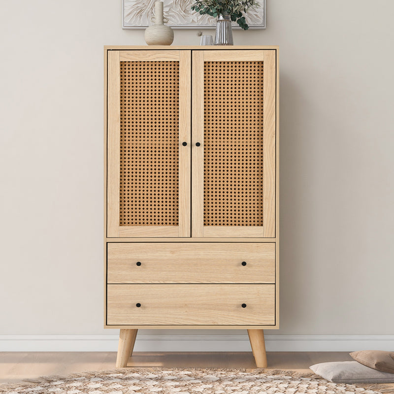 Buffet effet bois portes et 2 tiroirs en rotin, pieds en bois massif FENMUCK