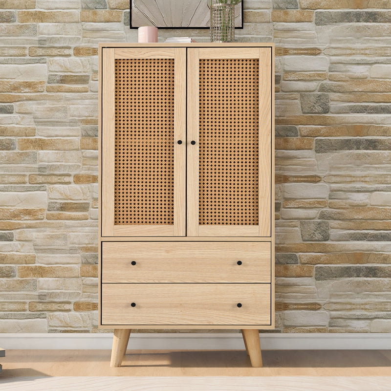 Buffet effet bois portes et 2 tiroirs en rotin, pieds en bois massif FENMUCK