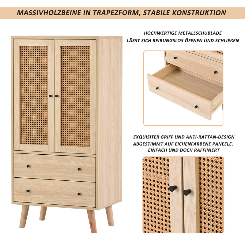 Buffet effet bois portes et 2 tiroirs en rotin, pieds en bois massif FENMUCK