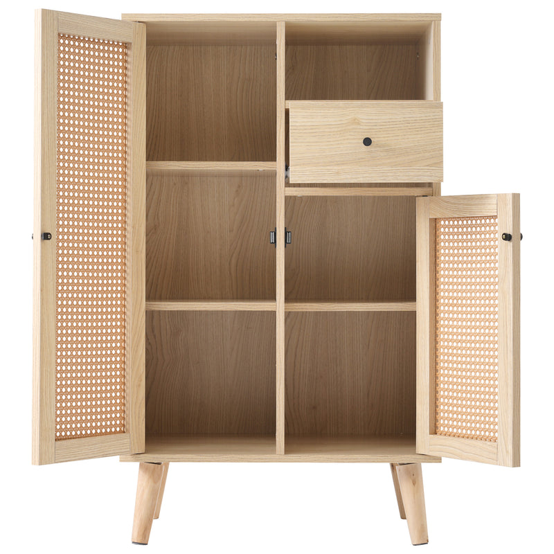 Buffet effet chêne avec 2 portes en tissage rotin et 1 tiroir VELDTBLADE
