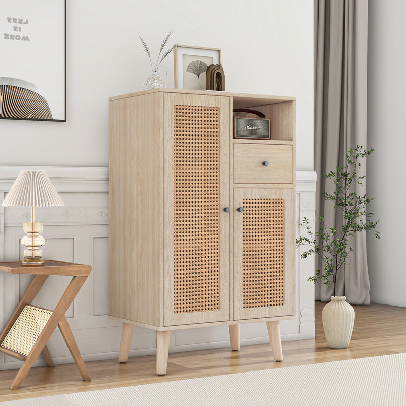 Buffet effet chêne avec 2 portes en tissage rotin et 1 tiroir VELDTBLADE