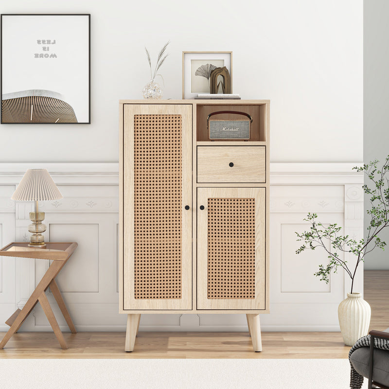 Buffet effet chêne avec 2 portes en tissage rotin et 1 tiroir VELDTBLADE