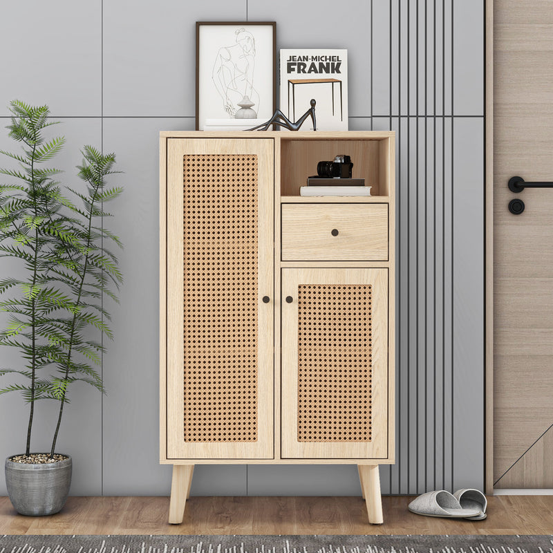 Buffet effet chêne avec 2 portes en tissage rotin et 1 tiroir VELDTBLADE