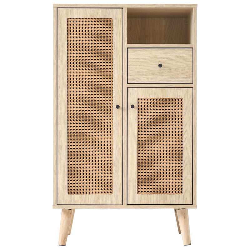 Buffet effet chêne avec 2 portes en tissage rotin et 1 tiroir VELDTBLADE