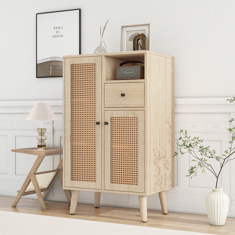 Buffet effet chêne avec 2 portes en tissage rotin et 1 tiroir VELDTBLADE