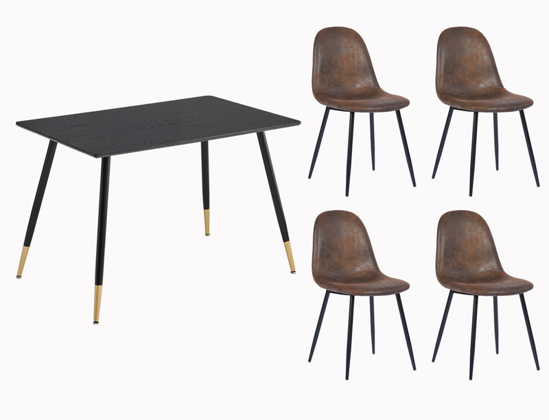 Ensemble table et 4 chaises scandinave noir chic doré Whalen Black wood table BG + Charloton suede brown