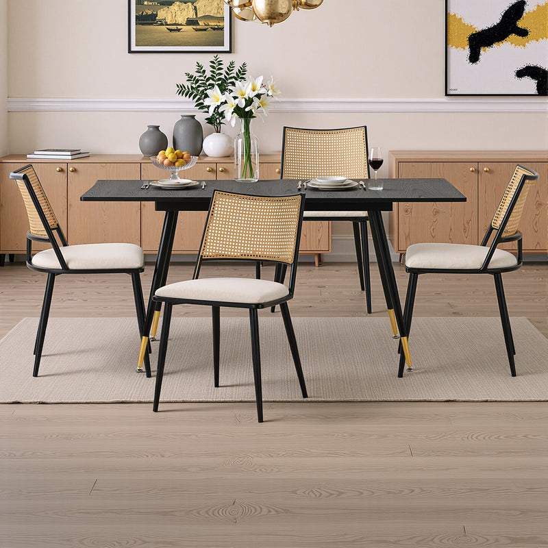 Ensemble table et chaises de salle à manger de style moderne avec table à manger extensible en grain de bois noir et 4 chaises de salle à manger avec dossier en rotin PE et coussin de siège en PU WHALEN DARK WOOD STRETCH TABLE BG B+BHIHNOL*2
