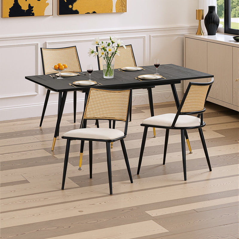 Ensemble table et chaises de salle à manger de style moderne avec table à manger extensible en grain de bois noir et 4 chaises de salle à manger avec dossier en rotin PE et coussin de siège en PU WHALEN DARK WOOD STRETCH TABLE BG B+BHIHNOL*2