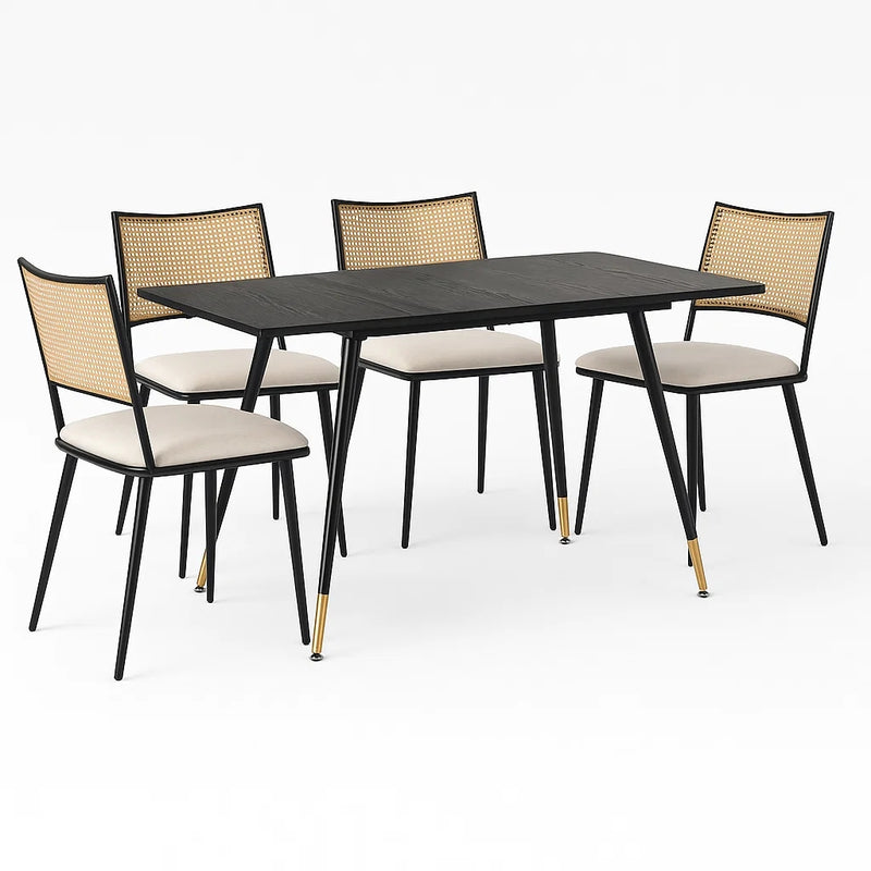 Ensemble table et chaises de salle à manger de style moderne avec table à manger extensible en grain de bois noir et 4 chaises de salle à manger avec dossier en rotin PE et coussin de siège en PU WHALEN DARK WOOD STRETCH TABLE BG B+BHIHNOL*2