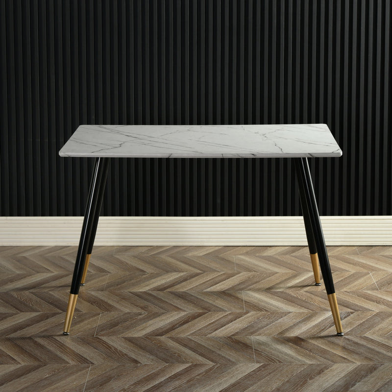 Ensemble de table rectangulaire blanc et 4 chaises tissu noir scandinave WHALEN MARBLE TABLE BG +CHARLTON BLACK B