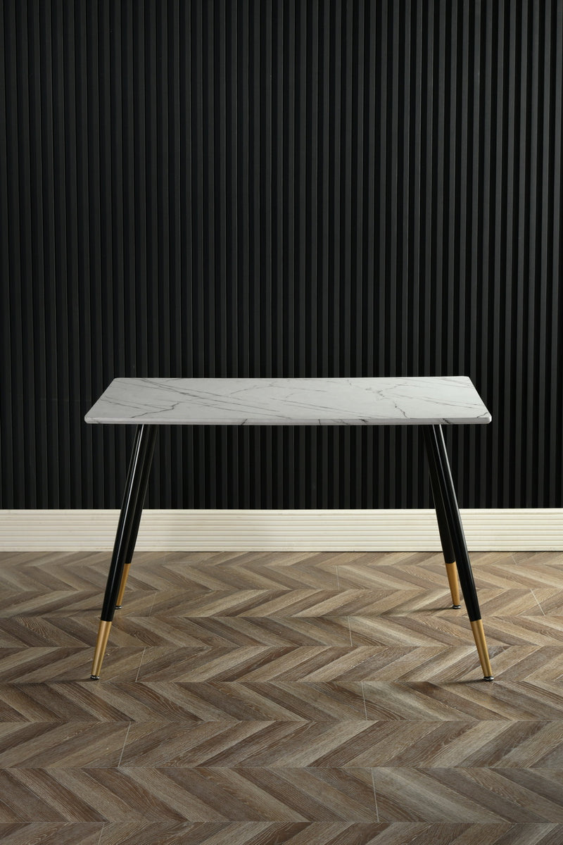 Table de salle à manger rectangulaire effet marbre blanc de style scandinave pieds points dorés110x70 WHALEN MARBLE TABLE