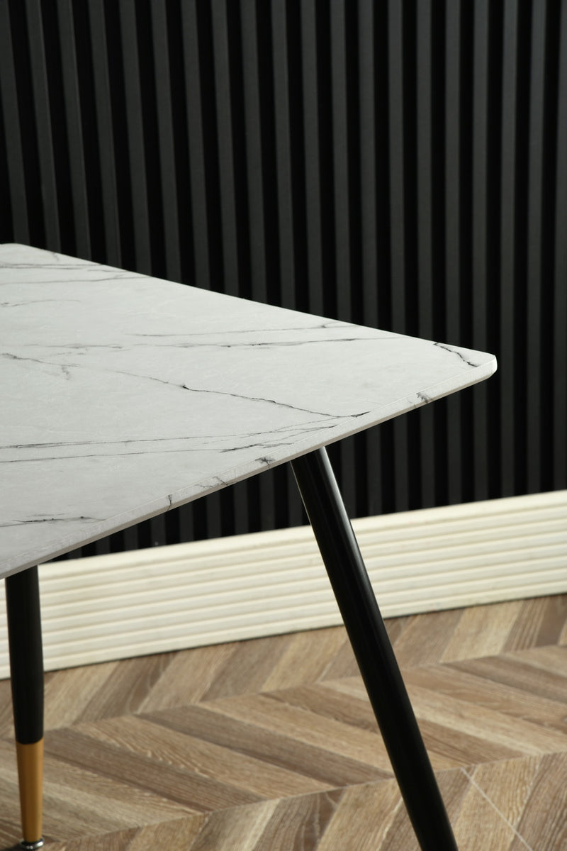 Table de salle à manger rectangulaire effet marbre blanc de style scandinave pieds points dorés110x70 WHALEN MARBLE TABLE
