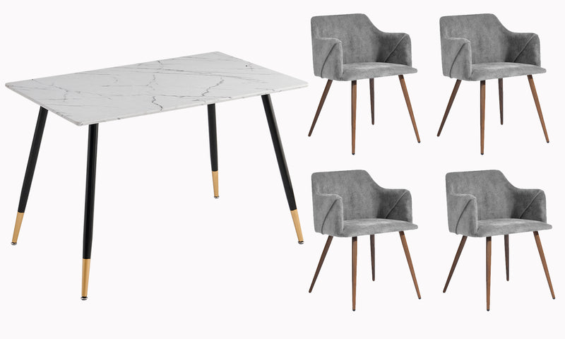 Ensemble table et 4 chaises scandinave effet marbre et tissu gris WHALEN MARBLE TABLE BG+ALDRIDGE TERRY FABRIC GREY*2