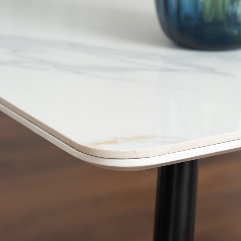 Table de salle à manger rectangulaire pierre effet marbre blanc pieds noirs dorés 110x70 WHALEN STONE WHITE MARBLE