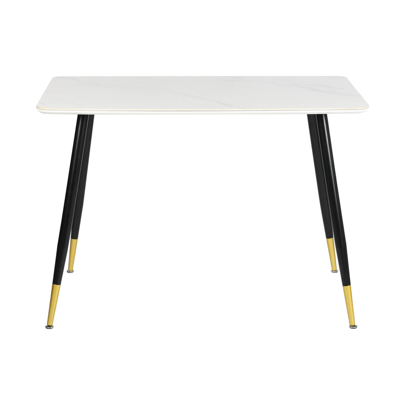 Table de salle à manger rectangulaire pierre effet marbre blanc pieds noirs dorés 110x70 WHALEN STONE WHITE MARBLE