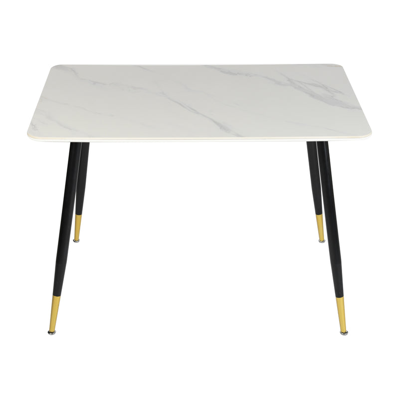 Table de salle à manger rectangulaire pierre effet marbre blanc pieds noirs dorés 110x70 WHALEN STONE WHITE MARBLE