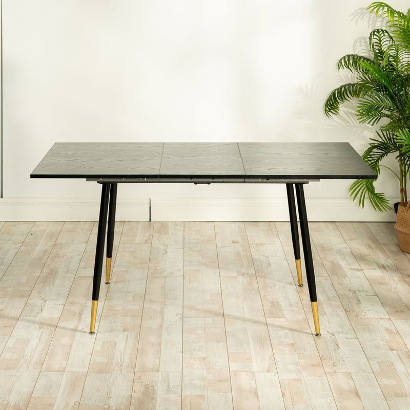 Table de salle à manger rectangulaire extensible noir effet bois de style scandinave pieds points dorés 120-160 WHALEN DARK WOOD STRETCH TABLE BG