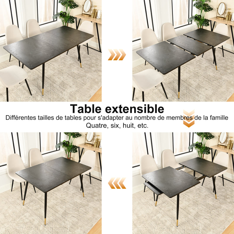 Table de salle à manger rectangulaire extensible noir effet bois de style scandinave pieds points dorés 120-160 WHALEN DARK WOOD STRETCH TABLE BG