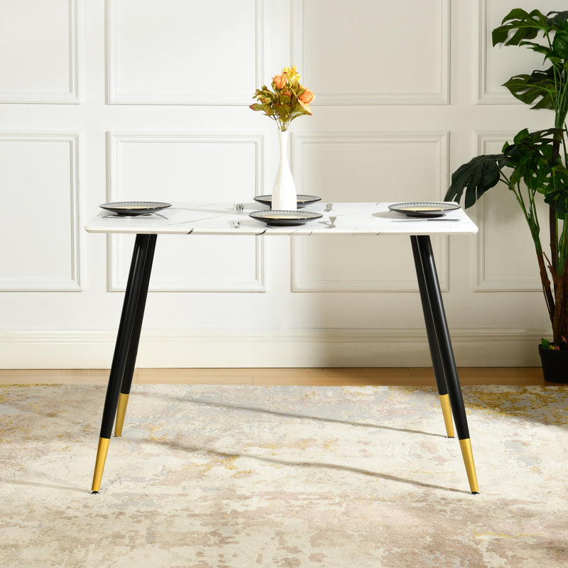 Table de salle à manger rectangulaire effet marbre blanc de style scandinave pieds points dorés 110x70cm WHALEN MARBLE TABLE BG