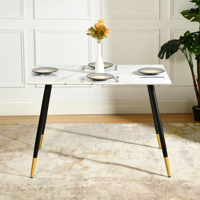 Table de salle à manger rectangulaire effet marbre blanc de style scandinave pieds points dorés 110x70cm WHALEN MARBLE TABLE BG