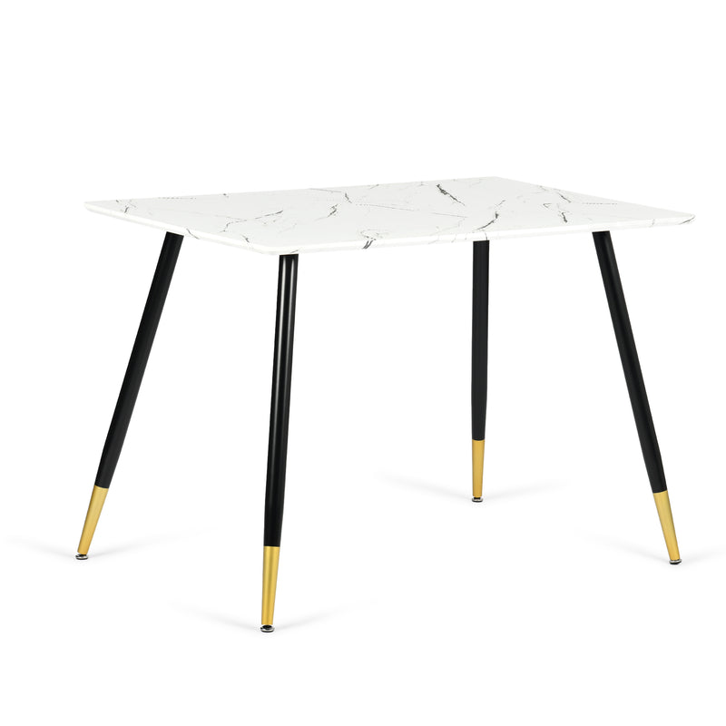 Table de salle à manger rectangulaire effet marbre blanc de style scandinave pieds points dorés 110x70cm WHALEN MARBLE TABLE BG