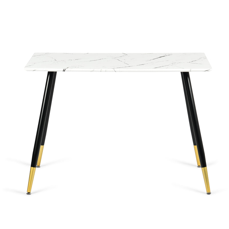 Table de salle à manger rectangulaire effet marbre blanc de style scandinave pieds points dorés 110x70cm WHALEN MARBLE TABLE BG