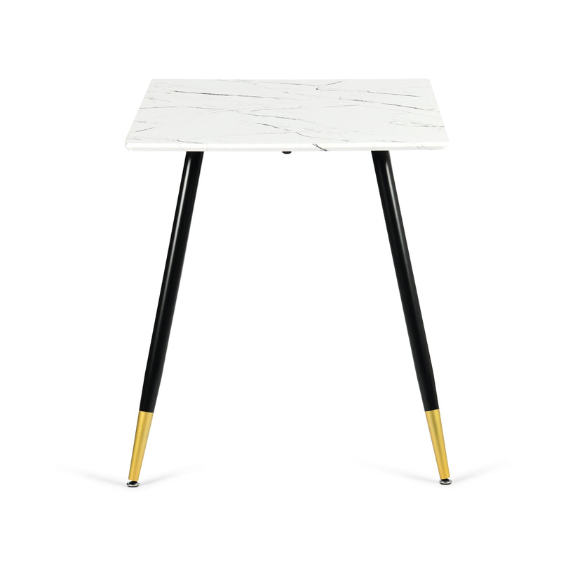 Table de salle à manger rectangulaire effet marbre blanc de style scandinave pieds points dorés 110x70cm WHALEN MARBLE TABLE BG