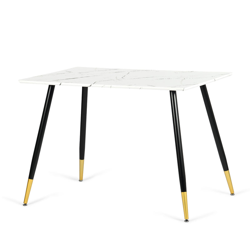 Table de salle à manger rectangulaire effet marbre blanc de style scandinave pieds points dorés 110x70cm WHALEN MARBLE TABLE BG