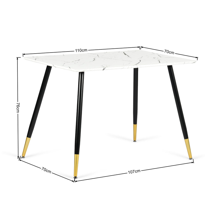 Table de salle à manger rectangulaire effet marbre blanc de style scandinave pieds points dorés 110x70cm WHALEN MARBLE TABLE BG