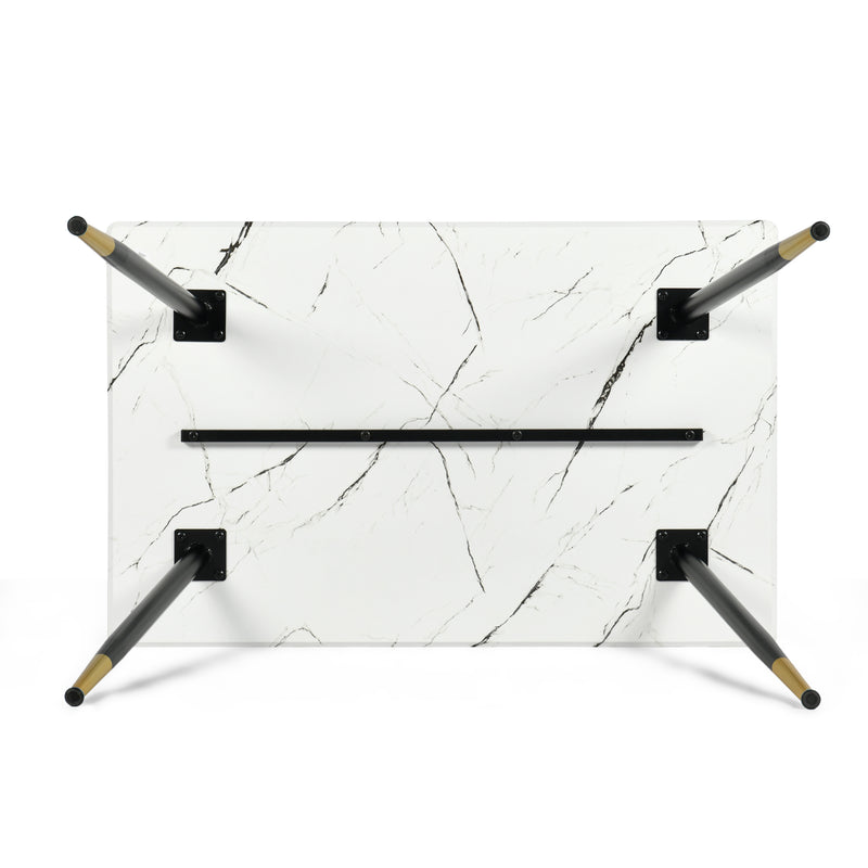 Table de salle à manger rectangulaire effet marbre blanc de style scandinave pieds points dorés 110x70cm WHALEN MARBLE TABLE BG
