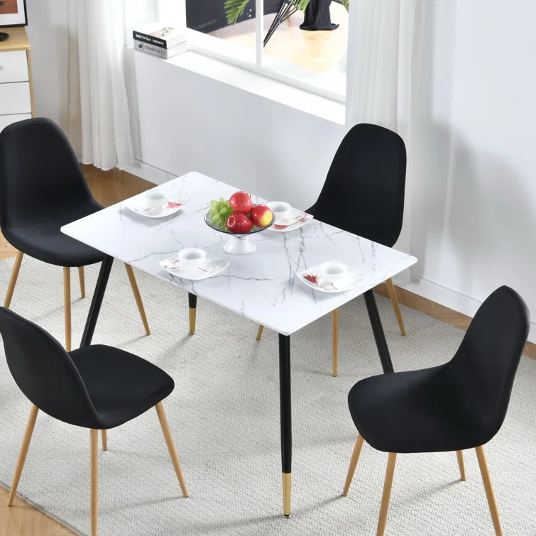 Table de salle à manger rectangulaire effet marbre blanc de style scandinave pieds points dorés110x70 WHALEN MARBLE TABLE