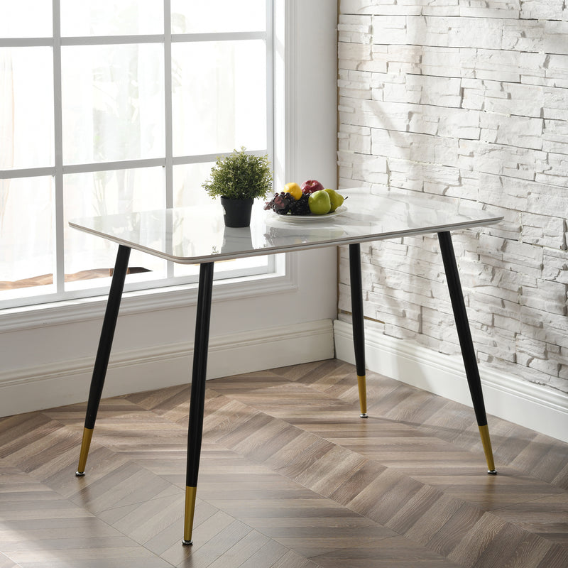 Table de salle à manger rectangulaire pierre effet marbre blanc pieds noirs dorés 110x70 WHALEN STONE WHITE MARBLE