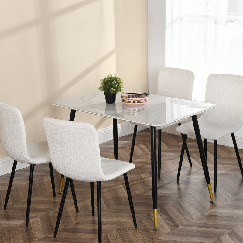 Table de salle à manger rectangulaire pierre effet marbre blanc pieds noirs dorés 110x70 WHALEN STONE WHITE MARBLE