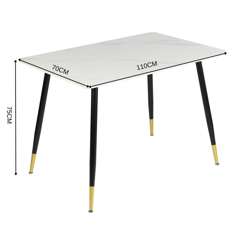 Table de salle à manger rectangulaire pierre effet marbre blanc pieds noirs dorés 110x70 WHALEN STONE WHITE MARBLE